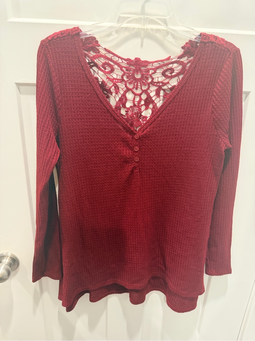 No Comment NY LA Large Burgundy Waffle Knit Lace Back Henley Boho Top